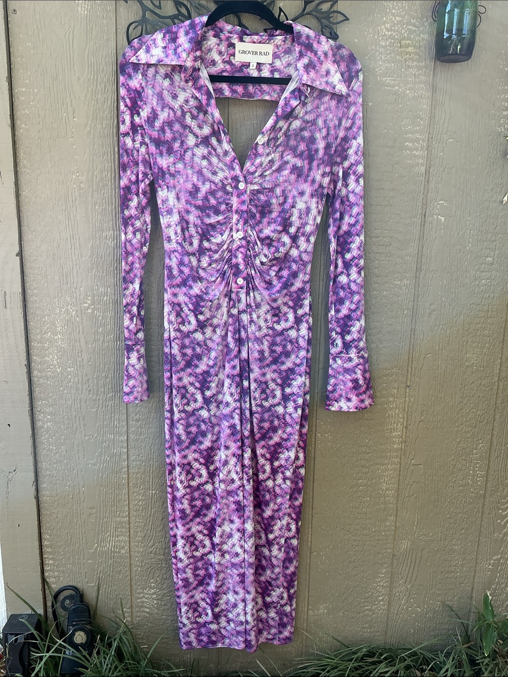 Purple Patterned Long Sleeve Midi Dress with Open Back